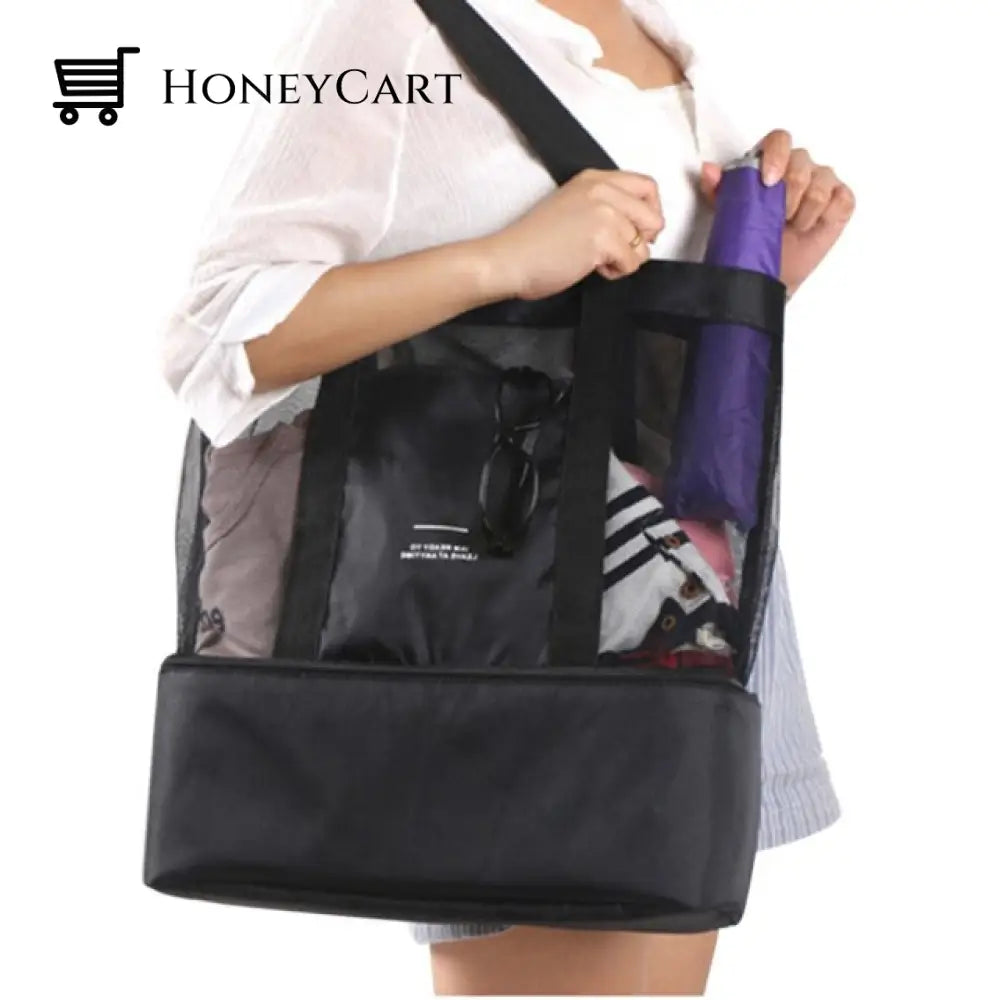 2-Compartment Mesh Beach Bag Black