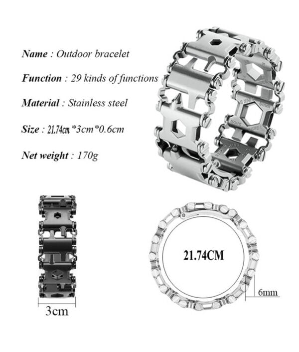29 in 1 Multi Tool Bracelet Tread Bracelet Stainless Steel Outdoor Bolt Driver Tools Kit Travel Wearable Camping Emergency Kit