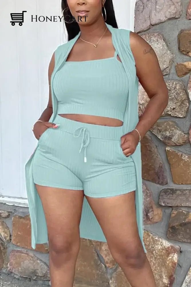 3 Piece Rib Knit Top Shorts Cardigan Set Tool
