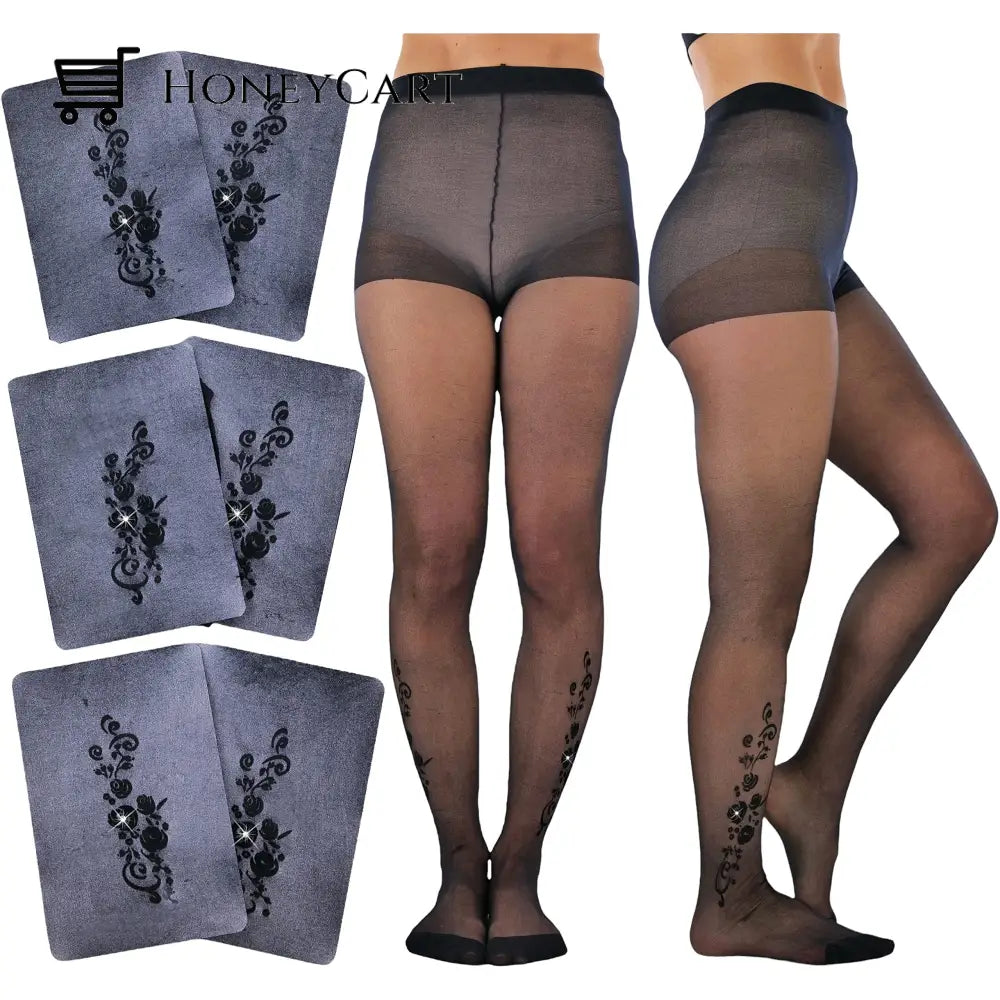 6- Pack: Tobeinstyle Womens Full Length Black Pantyhose With Ankle Print Design Rose Garden Shoes &