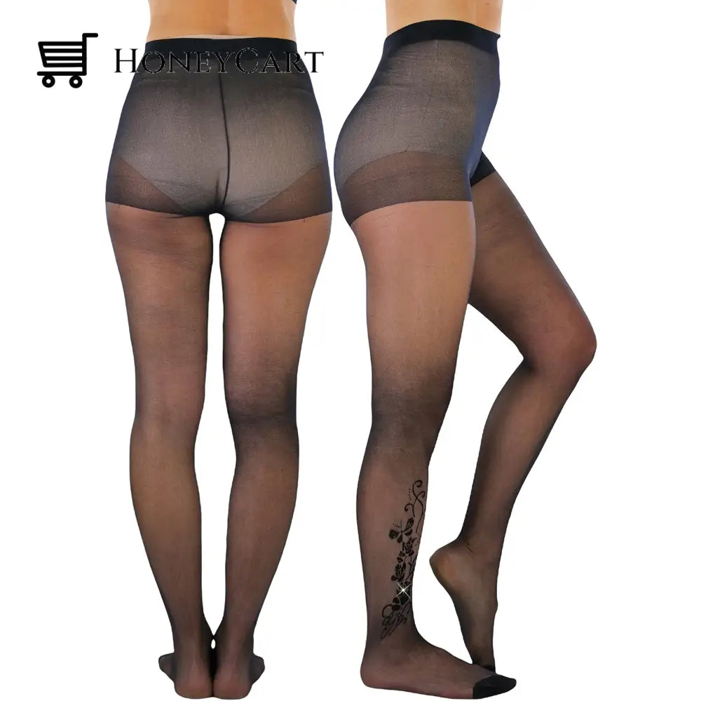 6- Pack: Tobeinstyle Womens Full Length Black Pantyhose With Ankle Print Design Shoes & Accessories