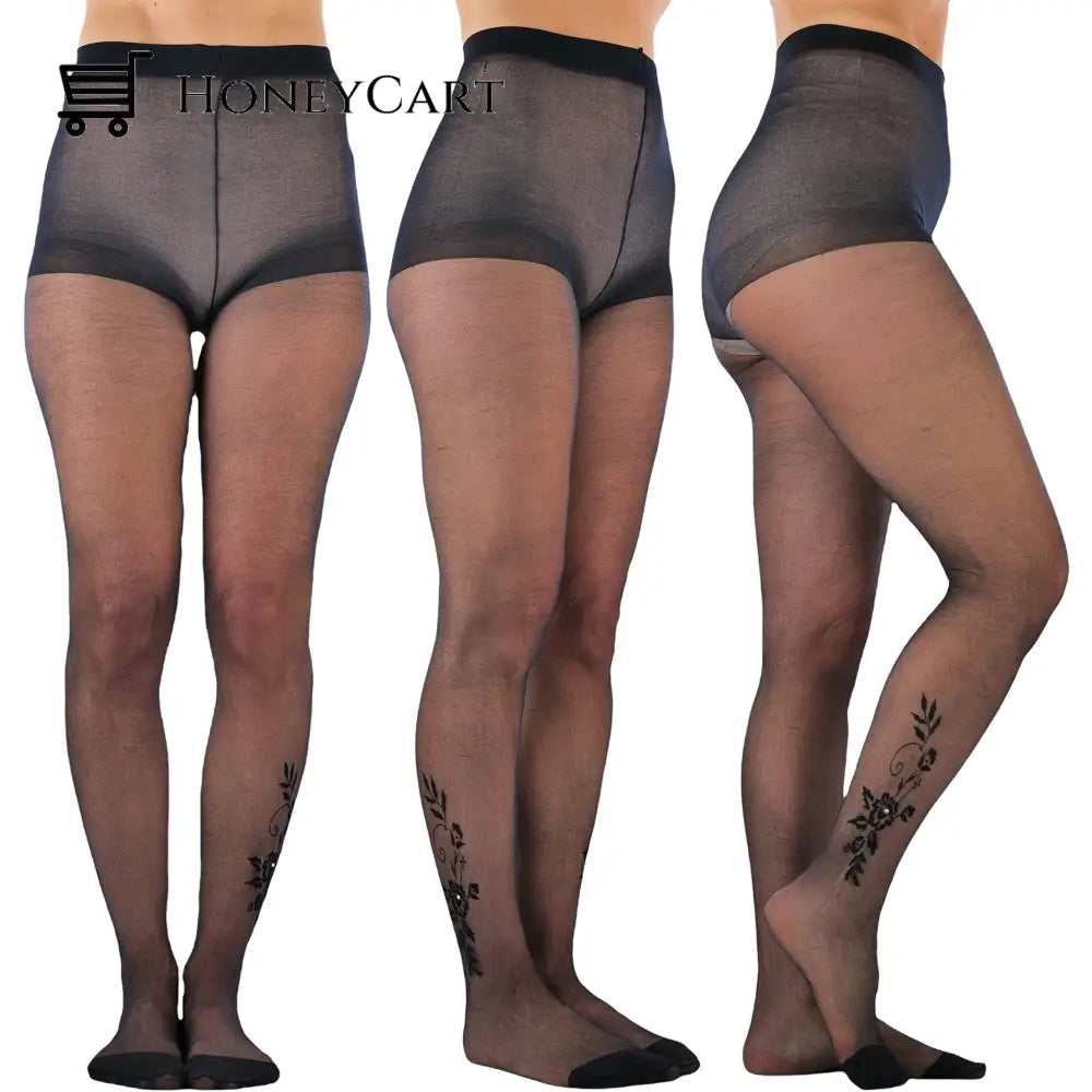 6- Pack: Tobeinstyle Womens Full Length Black Pantyhose With Ankle Print Design Shoes & Accessories