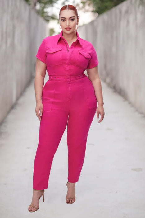Effortless Barbie Womens Short Sleeve Denim Jumpsuit Button Down