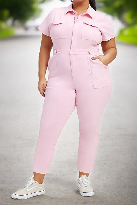 Effortless Barbie Womens Short Sleeve Denim Jumpsuit Button Down