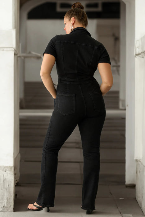 Effortless Barbie Womens Short Sleeve Denim Jumpsuit Button Down