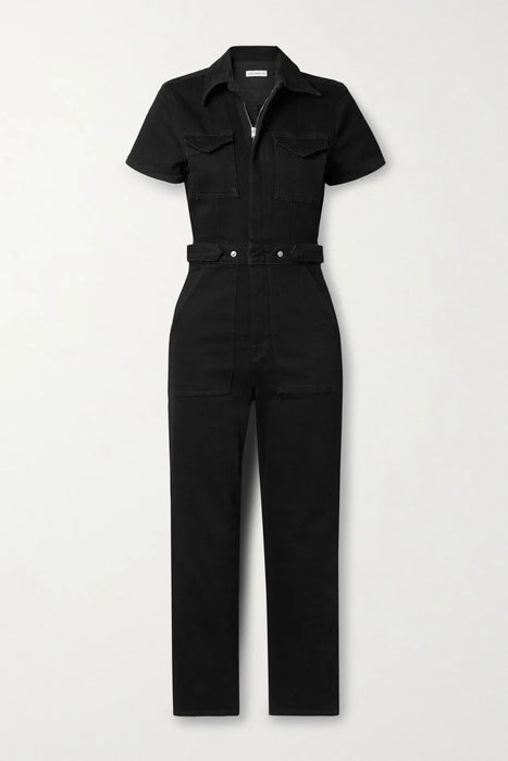 Effortless Barbie Womens Short Sleeve Denim Jumpsuit Button Down