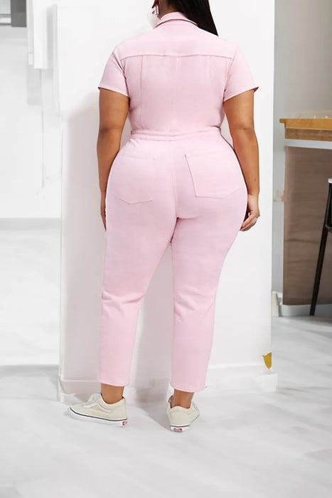 Effortless Barbie Womens Short Sleeve Denim Jumpsuit Button Down