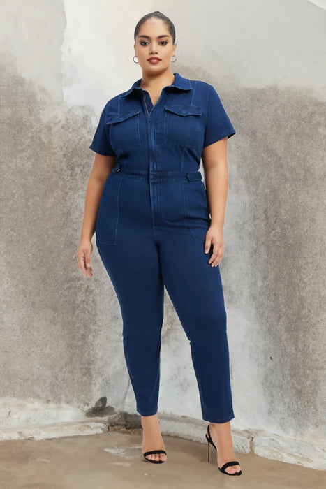 Effortless Barbie Womens Short Sleeve Denim Jumpsuit Button Down