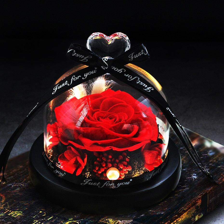 Natural Everlasting Rose in Glass Dome Beauty and the Beast Dried Flowers Birthday Valentine's Day Wedding Gift For Home Decor
