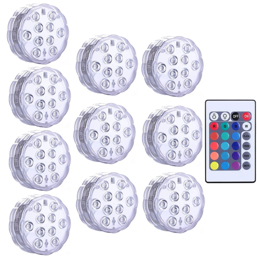10 LEDs Submersible Light with Remote Control Underwater Night Lamp for Pool Vase Bowl Wedding Party Decoration Underwater Light
