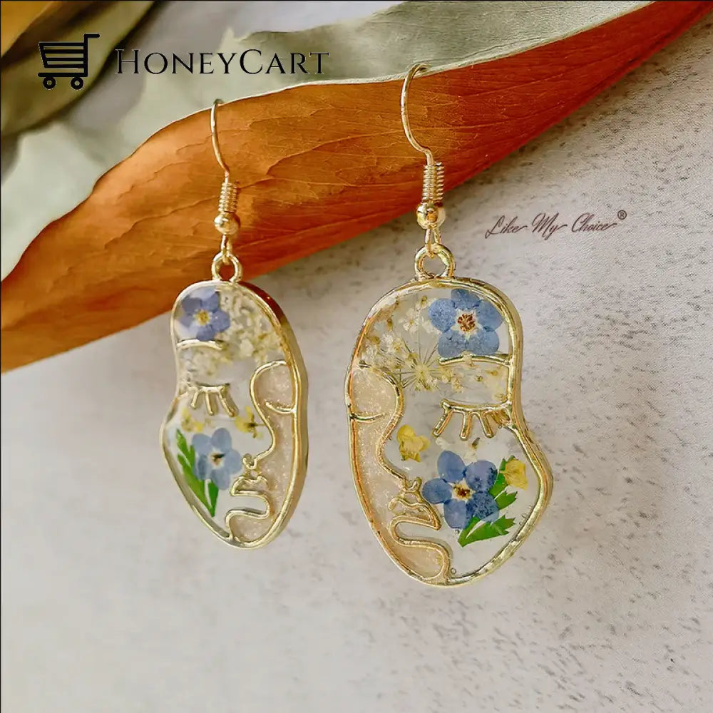Abstract Face Forget Me Not Flower Earrings Gold Tool