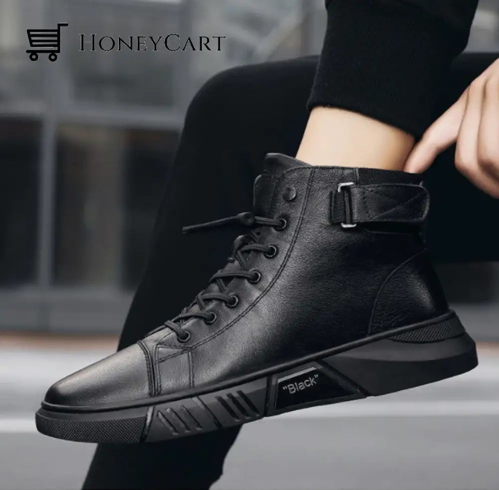 Black Warm Leather Boots Shoes