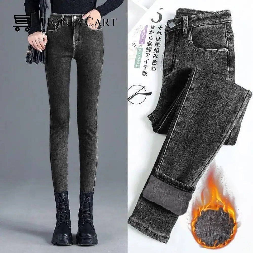 Buy 2 Get 1 Free -Thermal Fleece Denim Jeggings Black Grey / Uk8-Uk10