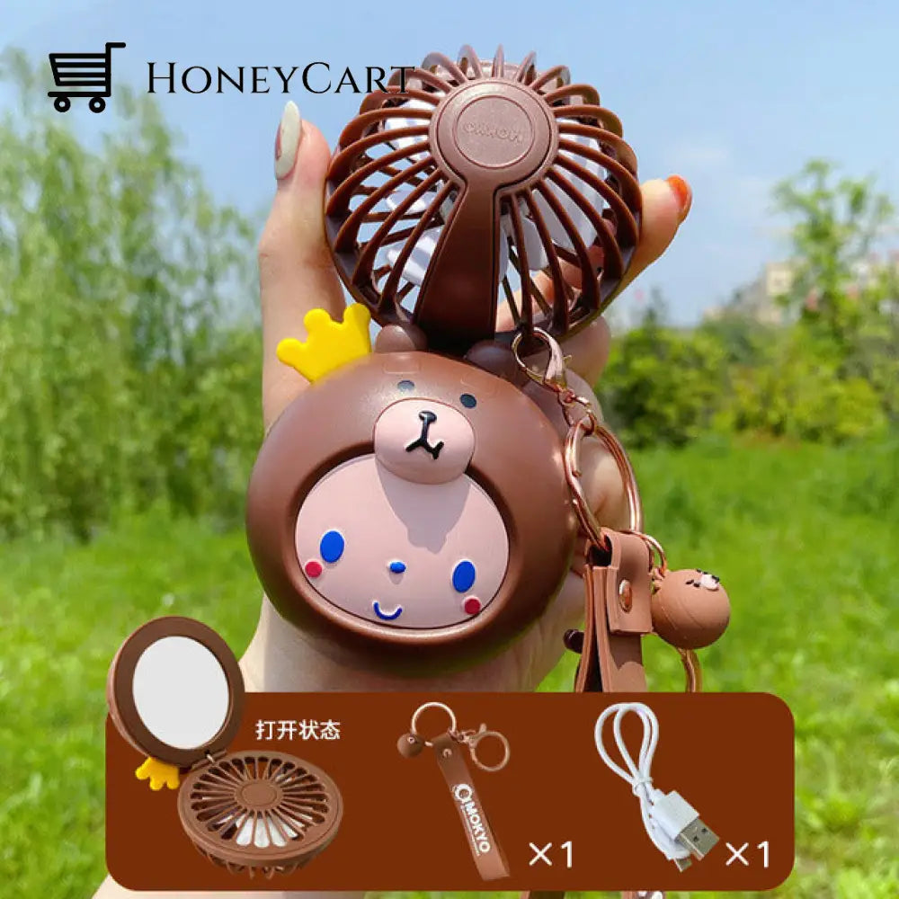 Cartoon Usb Charging Fan Makeup Mirror Brown Face Mirrors