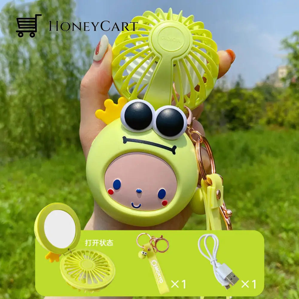 Cartoon Usb Charging Fan Makeup Mirror Green Face Mirrors