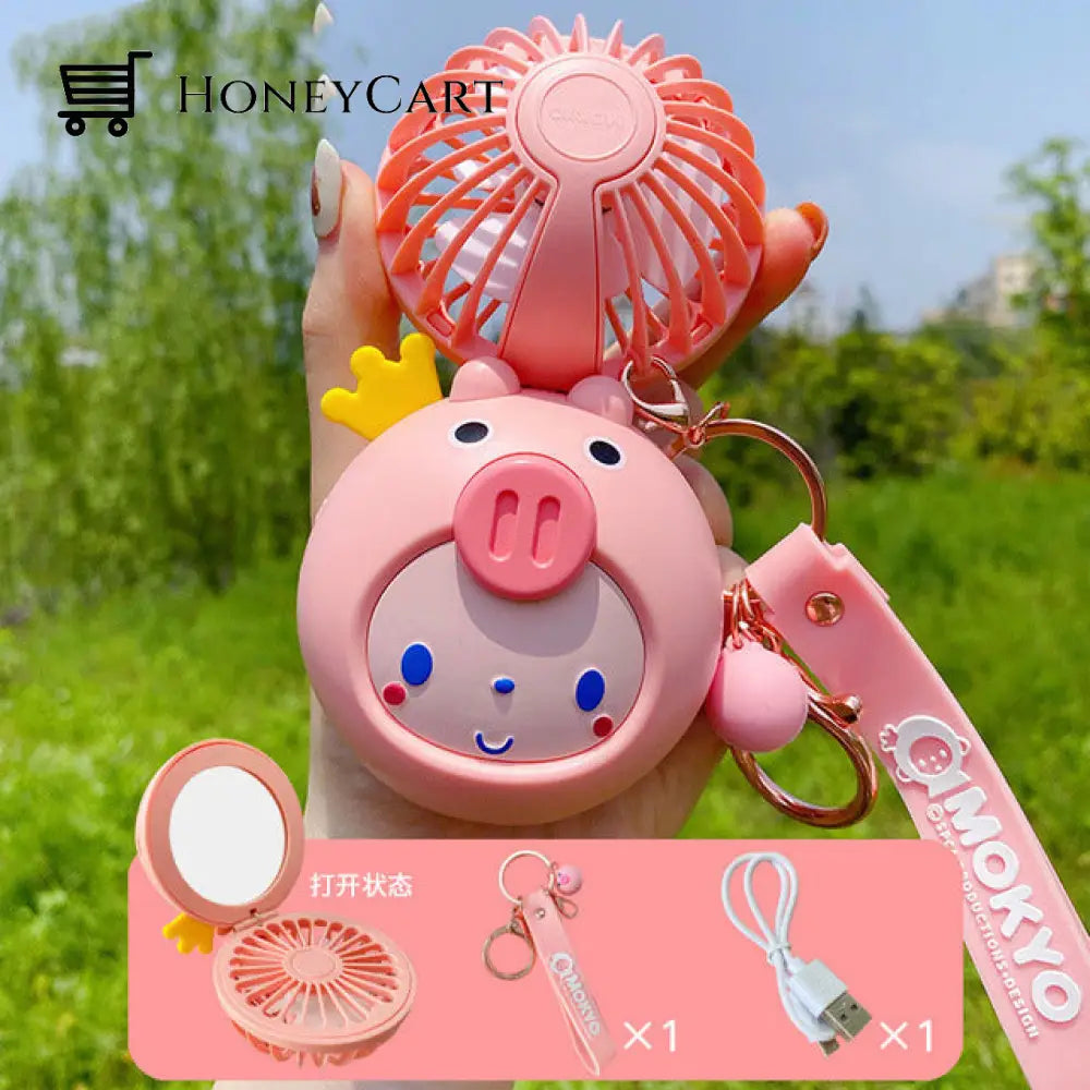 Cartoon Usb Charging Fan Makeup Mirror Pink Face Mirrors