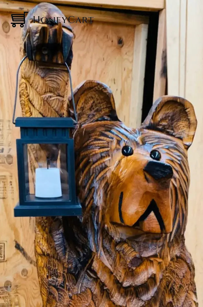 Cedar Carved Bear With Solar Lantern