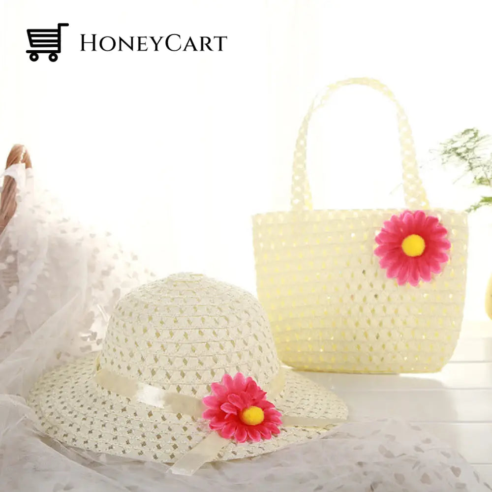 Childrens Summer Straw Hat And Bag Beige-1 Set