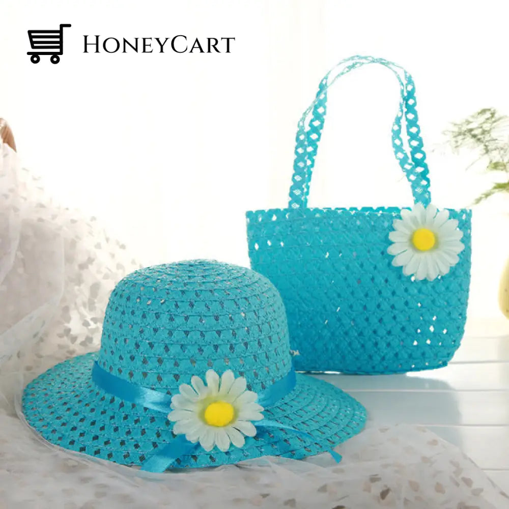 Childrens Summer Straw Hat And Bag Blue-1 Set