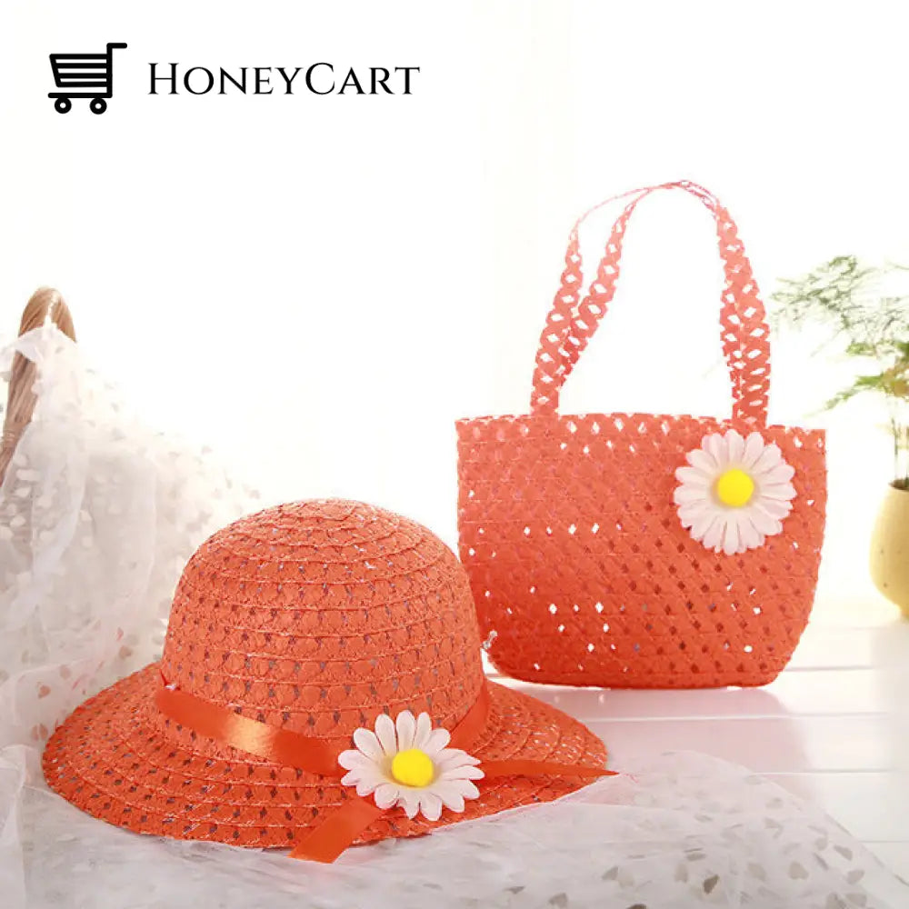 Childrens Summer Straw Hat And Bag Orange-1 Set