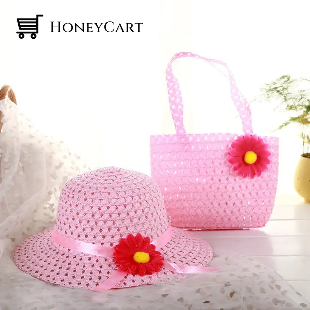 Childrens Summer Straw Hat And Bag Pink-1 Set