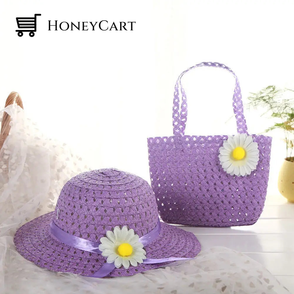 Childrens Summer Straw Hat And Bag Purple-1 Set