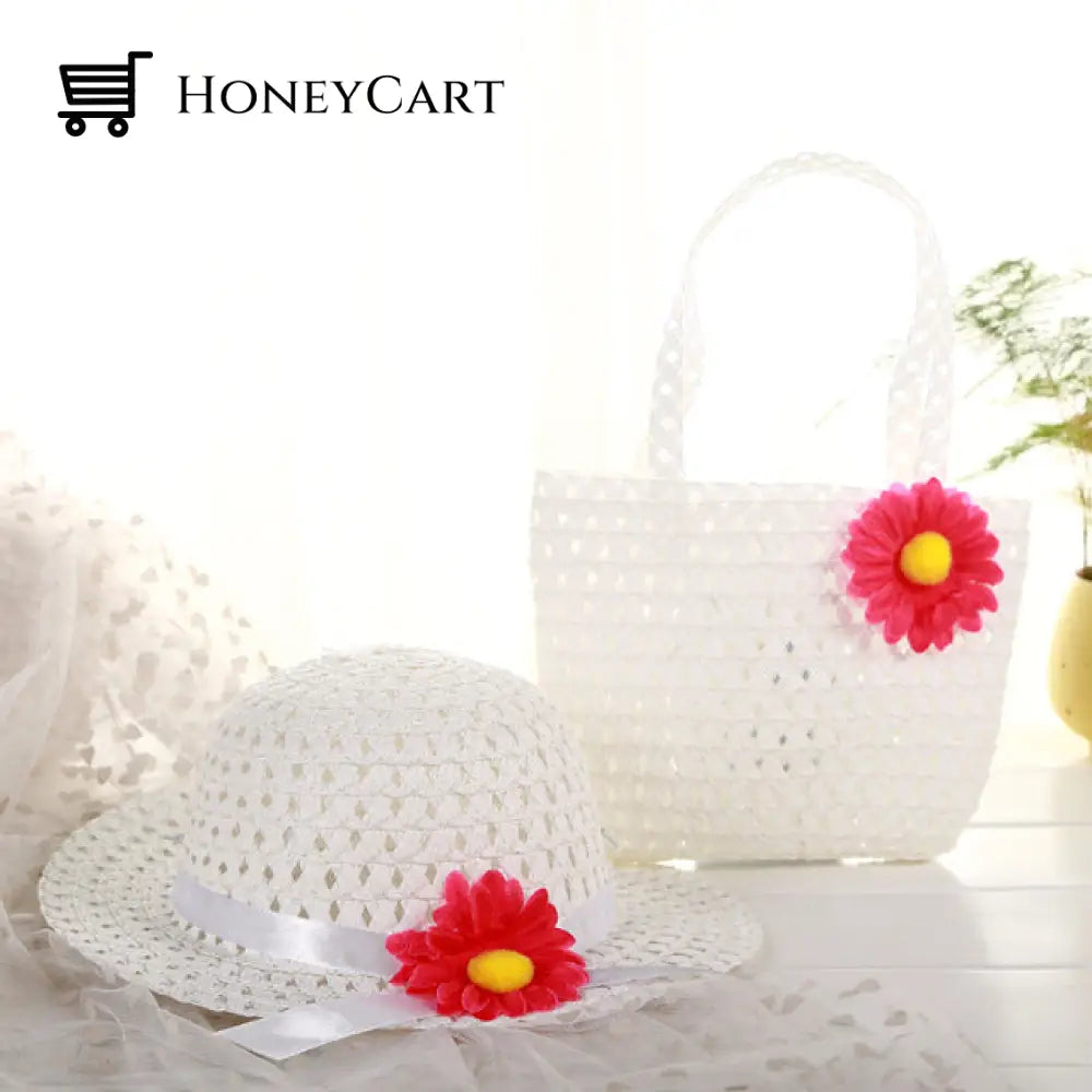 Childrens Summer Straw Hat And Bag White-1 Set