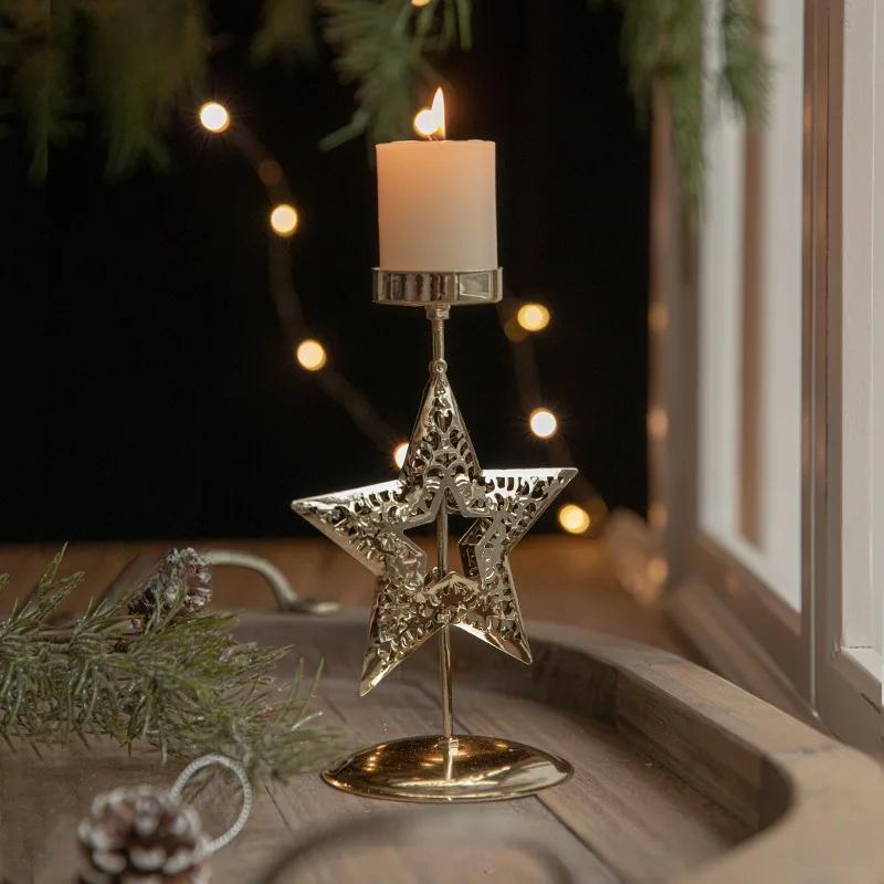 Christmas Iron Golden Candle Holder with Star and Elk Design – Candle Holder for Your Christmas and New Year Table Decor!