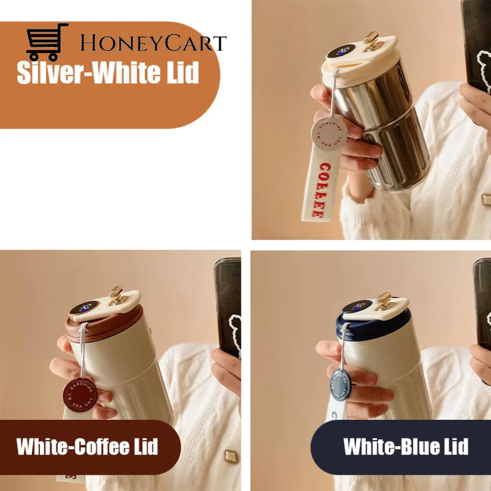 Coffee Thermos With Temperature Display Silver-White Lid Houseware & Kitchen