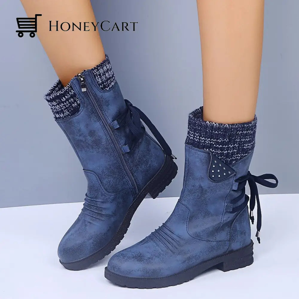 Comfortable Low Heel Mid-Calf Womens Boots Blue / 35 Beauty& Health