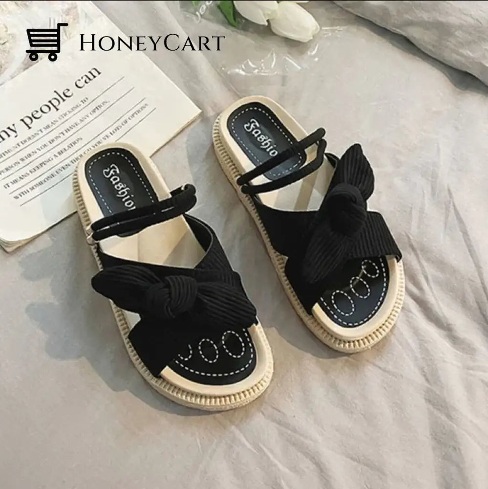 Comfortable Ribbed Corduroy Bow Slip On Sling Back Platform Sandals Tool