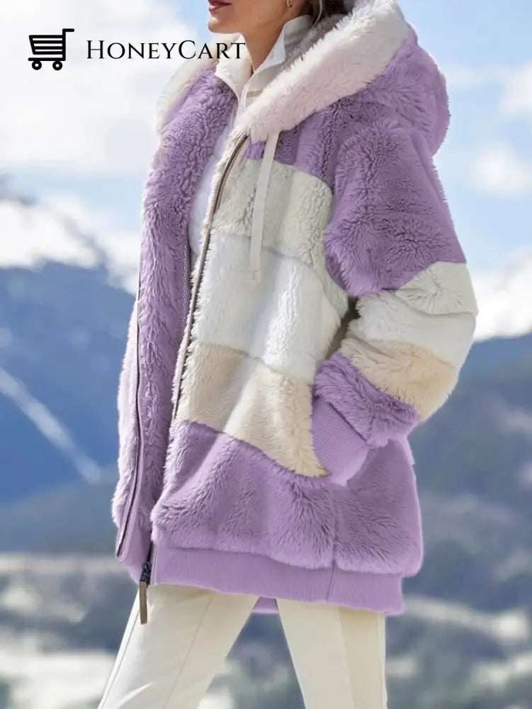 Contrasting Plush Padded Coat Purple / 6(S)