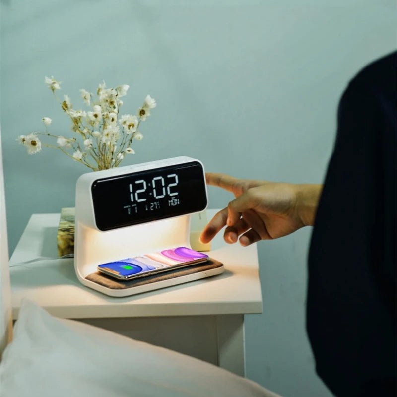Creative 3-in-1 Bedside Lamp – Wireless Phone Charger & Smart Alarm with LCD Display for a Sleek, All-in-One Nightstand Upgrade!