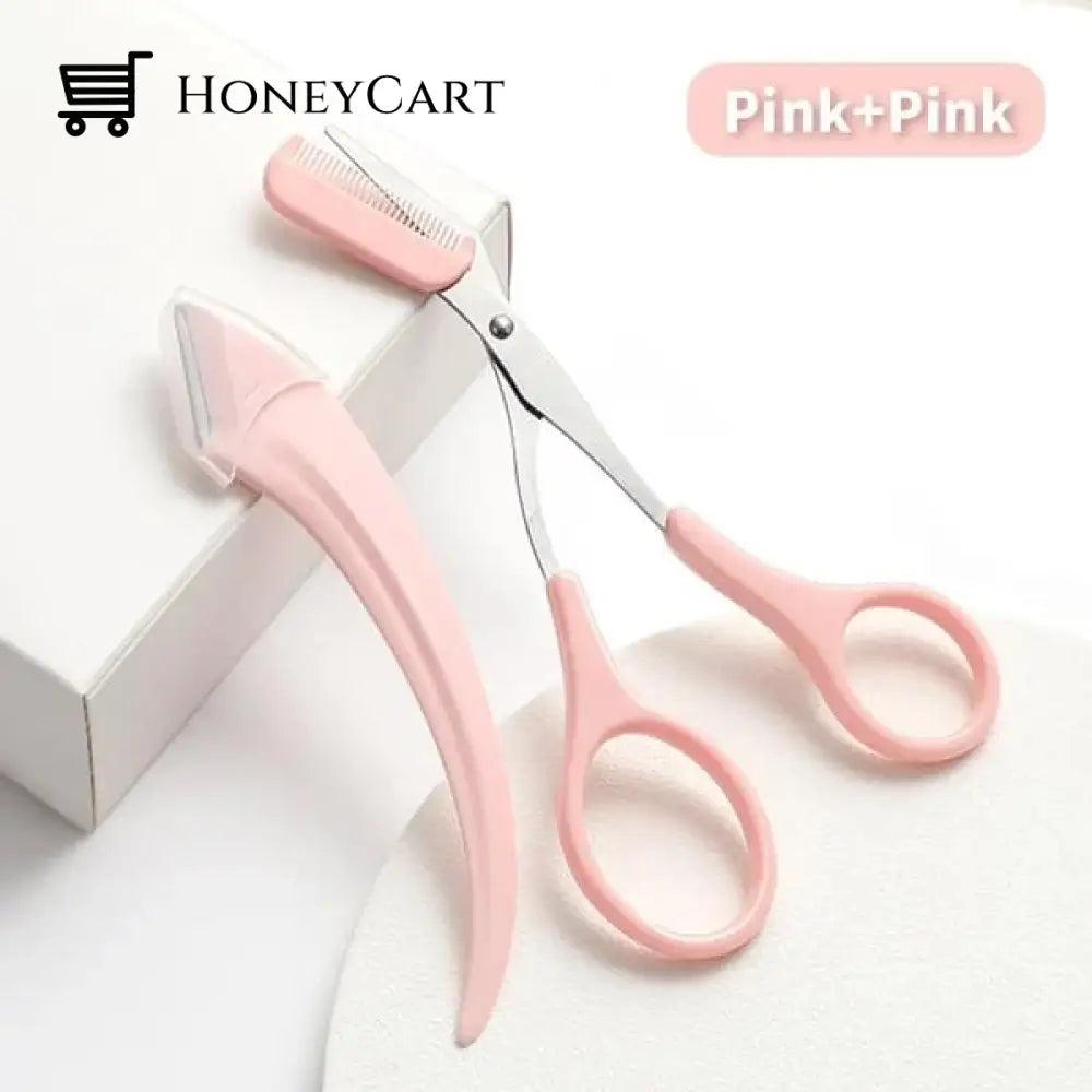 Crescent Eyebrow Trimmer Set Scissors With Comb Pink+Pink Eye