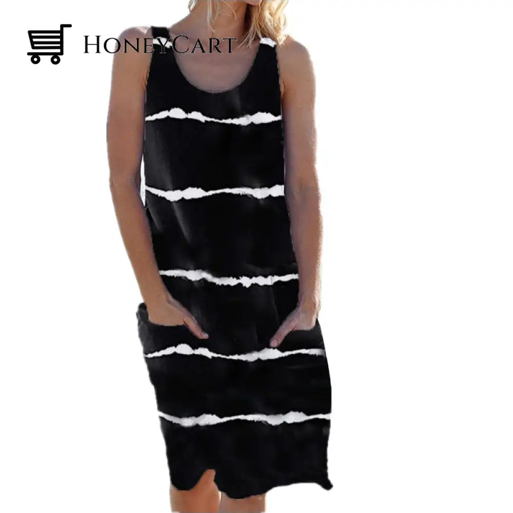 Crew Neck Striped Pocket Tank Dress Black / S Dresses