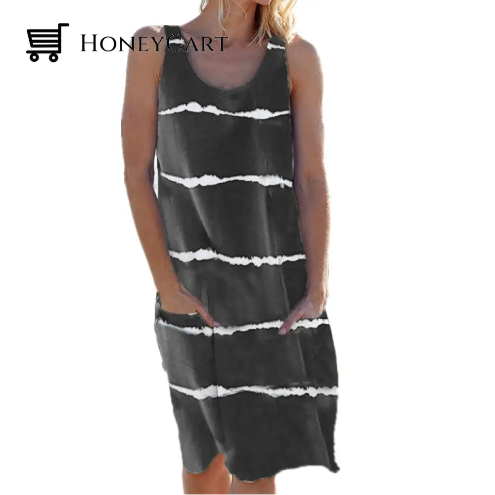 Crew Neck Striped Pocket Tank Dress Dark Gray / S Dresses