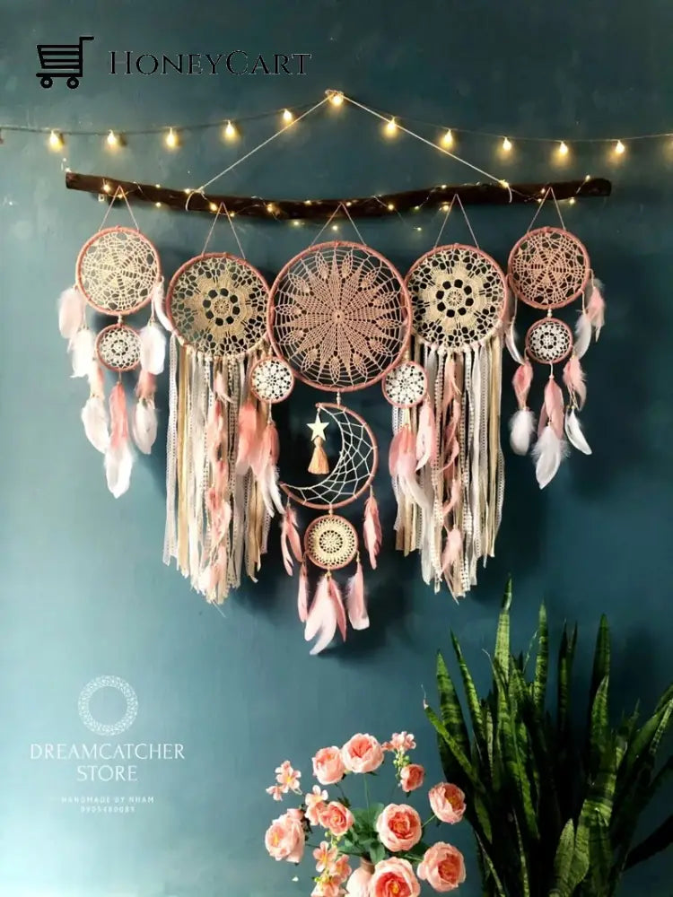 Dreamcatcher Moon And Stars Hanging Over The Bed Pink Tool