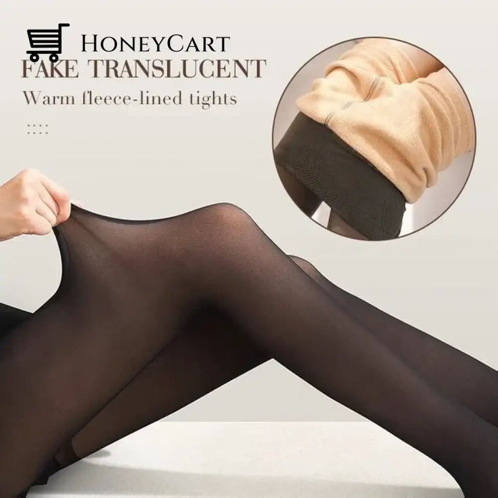 Flawless Legs Fake Translucent Warm Plush Lined Elastic Tights Black / Regular Size(88Lb~154Lb)