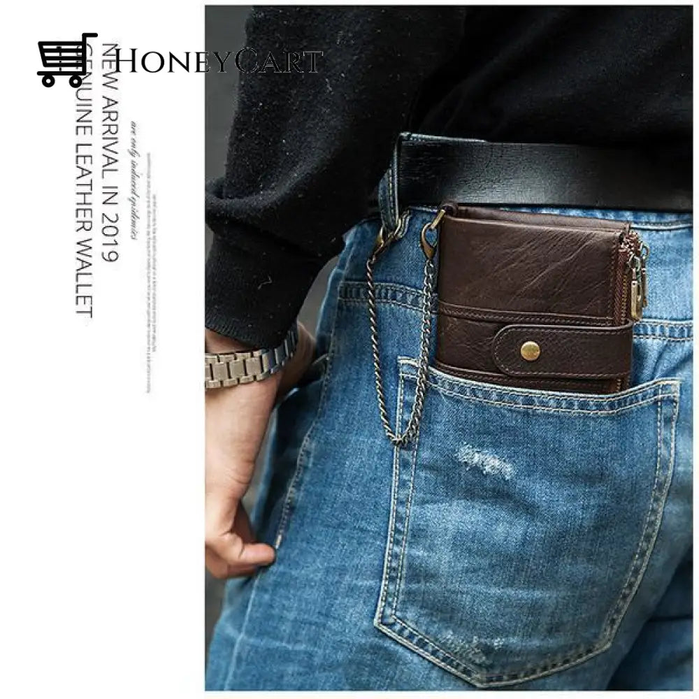 Genuine Leather Anti-Theft Retro Wallet With Chain