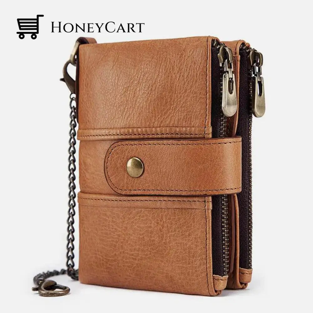 Genuine Leather Anti-Theft Retro Wallet With Chain Khaki