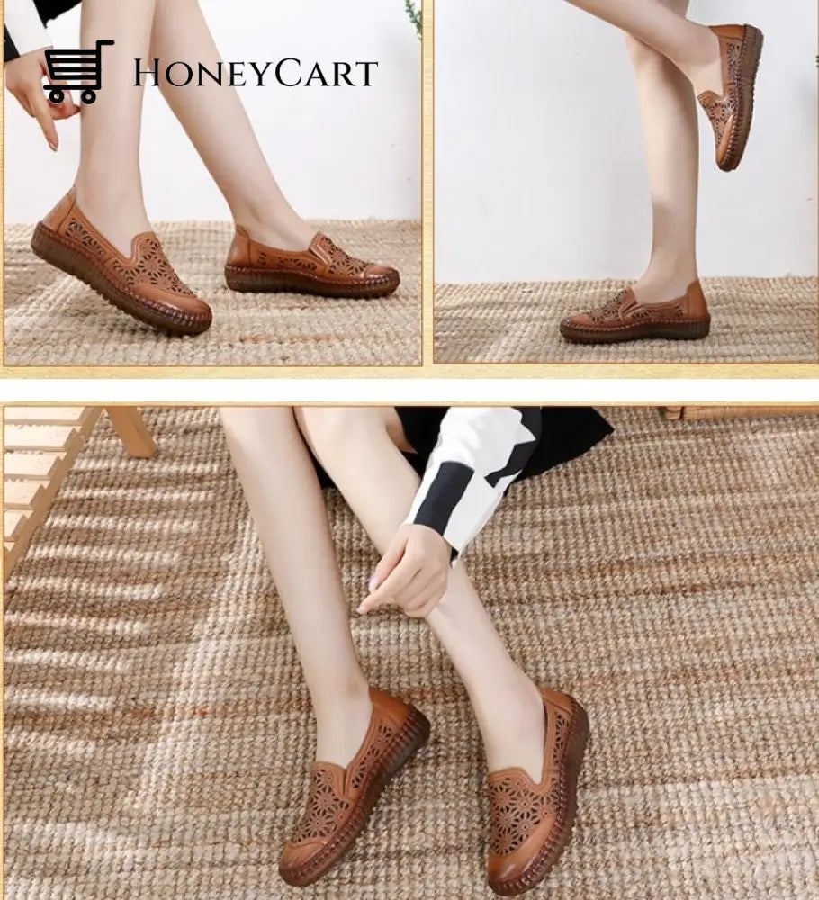 Genuine Leather Round Toe Flats Ladies Shoes For Bunions Brown Pattern / 5