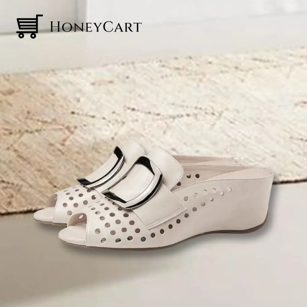 Hollow Fish Mouth Metal Buckle Wedge Heel Sandals