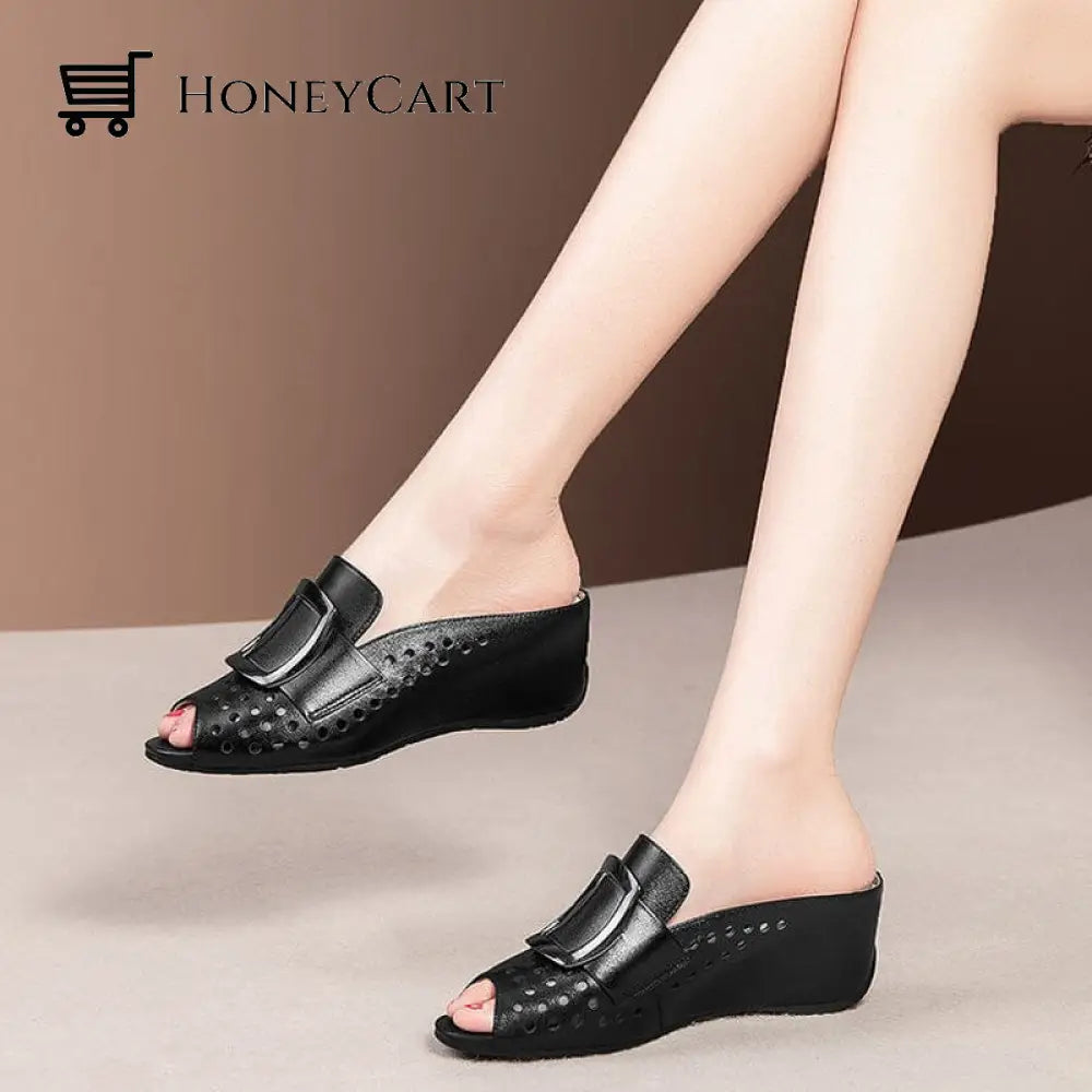 Hollow Fish Mouth Metal Buckle Wedge Heel Sandals
