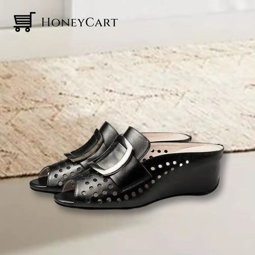 Hollow Fish Mouth Metal Buckle Wedge Heel Sandals