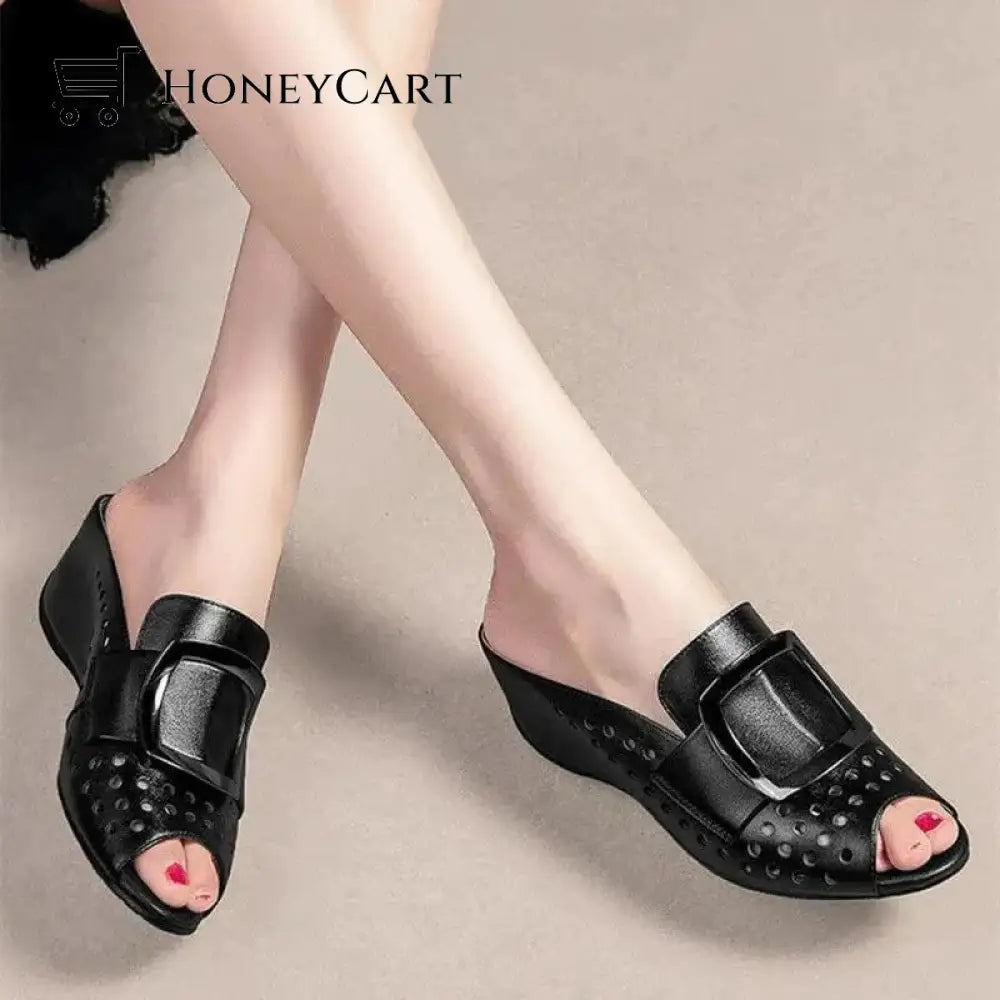 Hollow Fish Mouth Metal Buckle Wedge Heel Sandals Black / 35