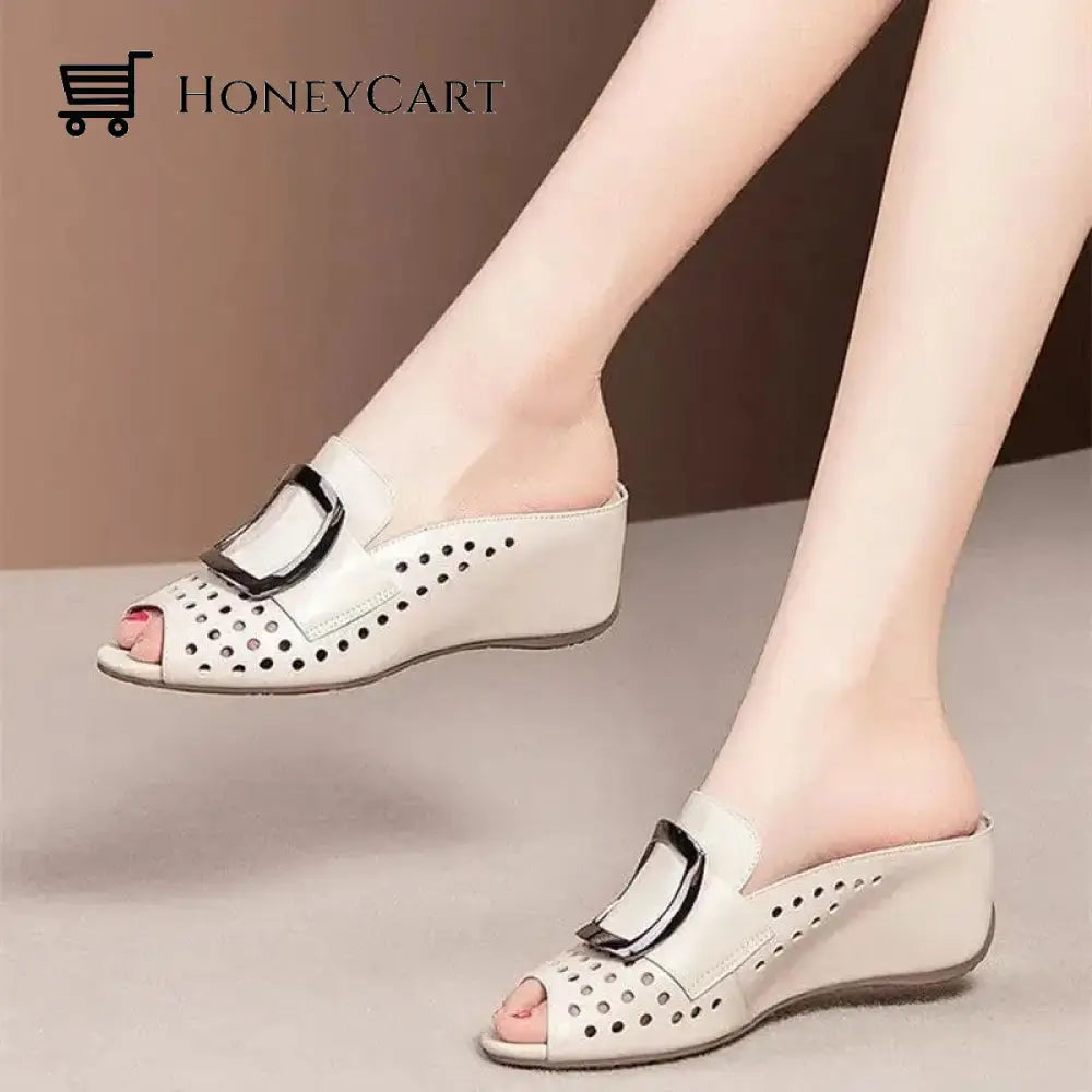 Hollow Fish Mouth Metal Buckle Wedge Heel Sandals White / 35