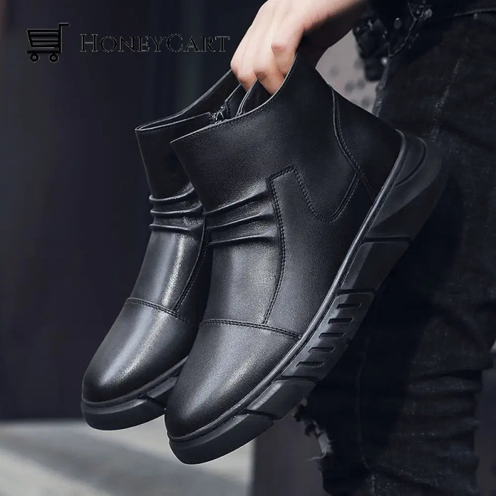 Italian Handmade Genuine Leather Zipper Martin Boots Black / Us 7/Uk 6/Eu 39
