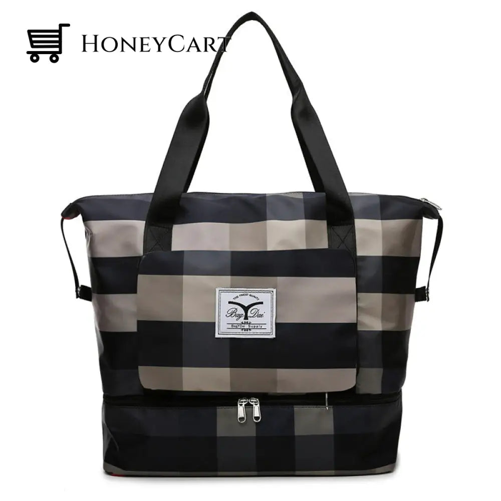 Large Ladies Weekender Nylon Striped Travel Bag Tote With Zip Pocket Black