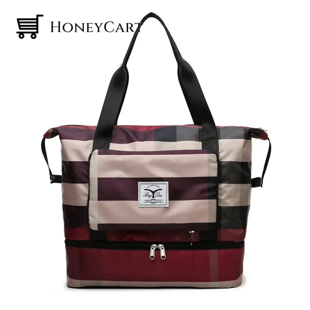 Large Ladies Weekender Nylon Striped Travel Bag Tote With Zip Pocket Wine Red