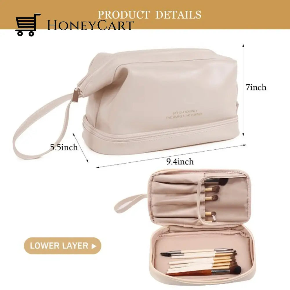 Leather Cosmetic Bag With Handle And Divider